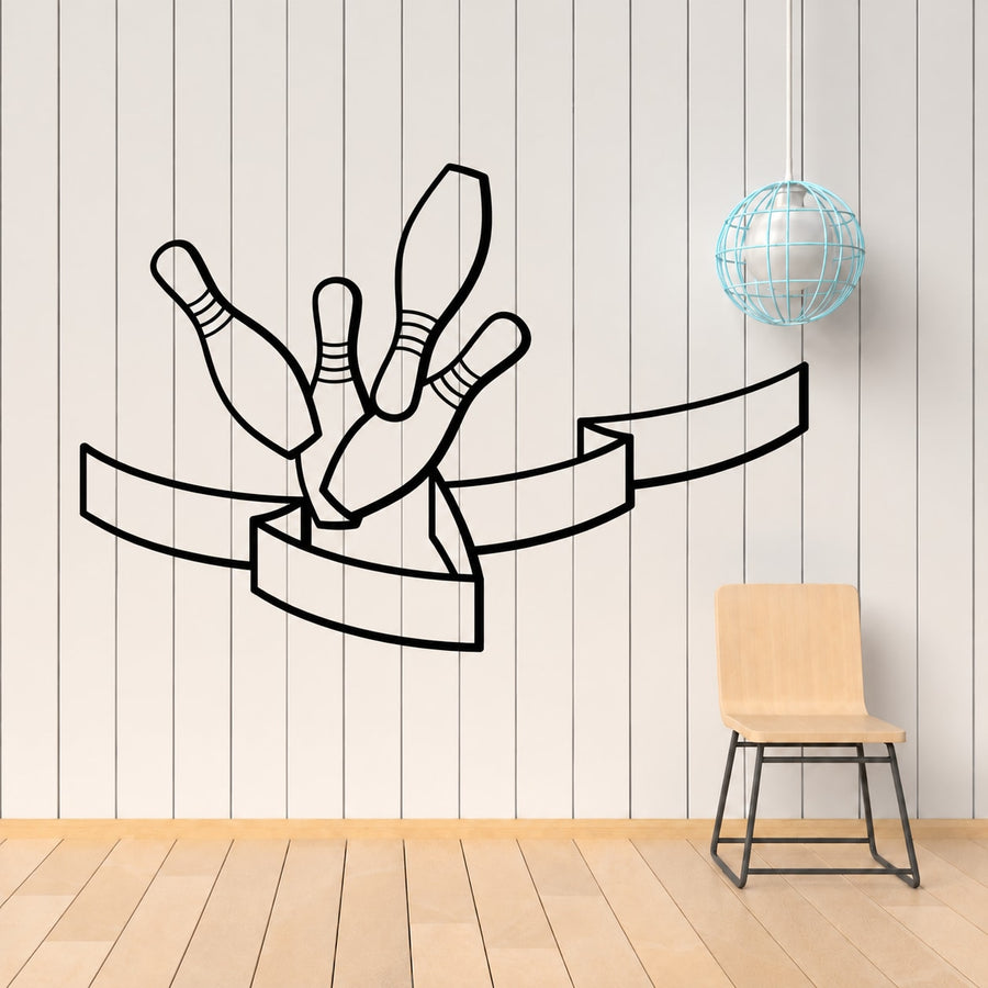 Bowling pin ribbon wall decal with outlined bowling pins and curved ribbon banner
