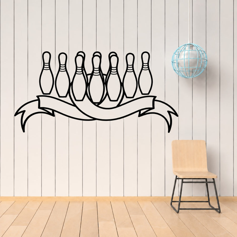 Bowling pins ribbon wall decal with row of black bowling pins and ribbon banner.