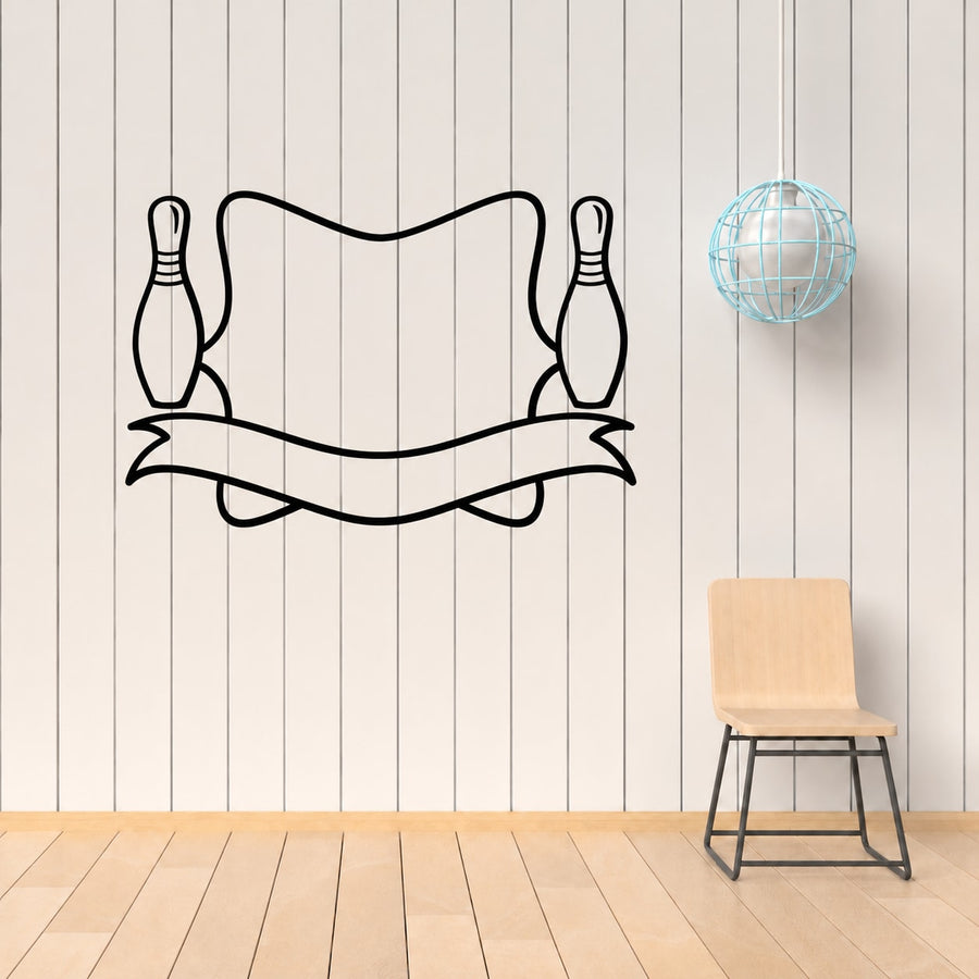 Bowling pin side frame decal with ribbon banner, black outline