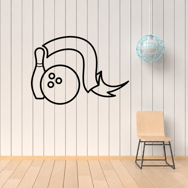 Bowling ball and pin ribbon decal, black outline bowling ball with ribbon banner