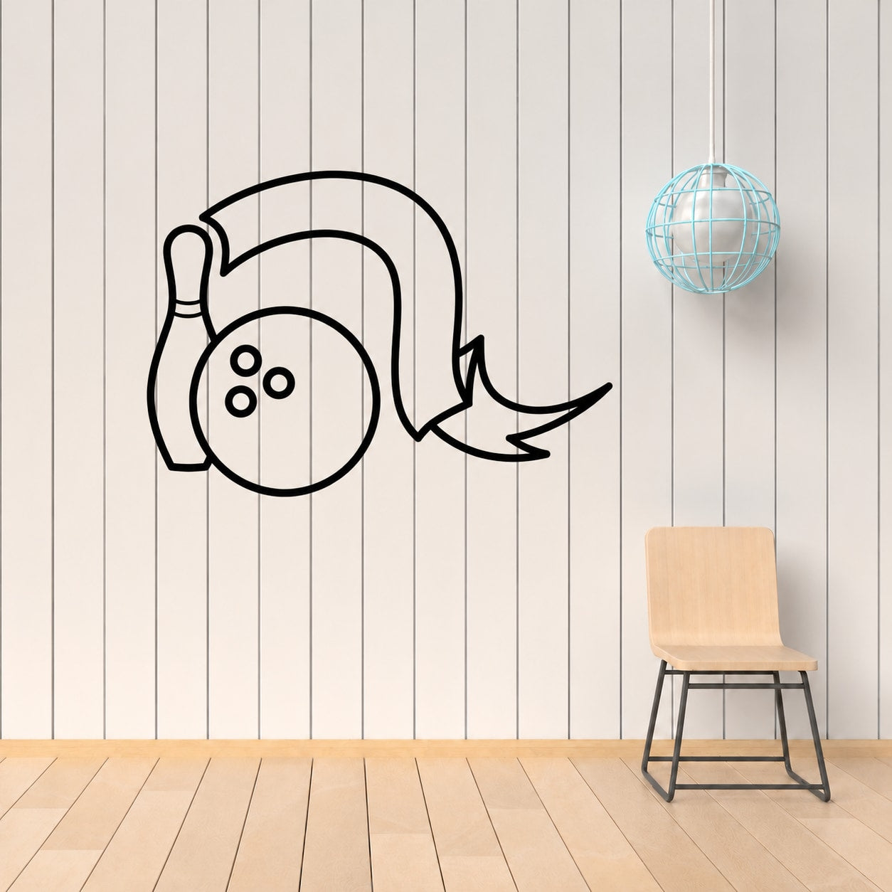 Bowling ball and pin ribbon decal, black outline bowling ball with ribbon banner