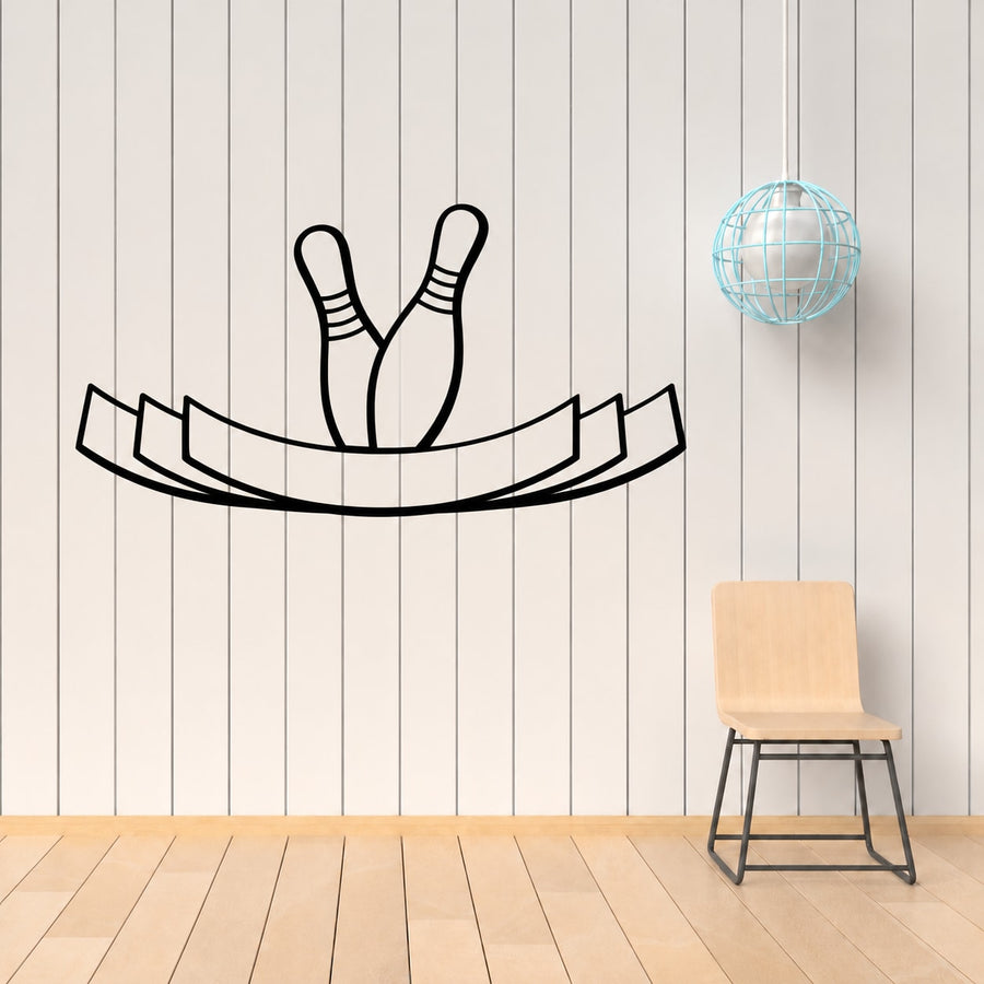 Bowling pins ribbon decal with two black bowling pins and arched ribbon banner