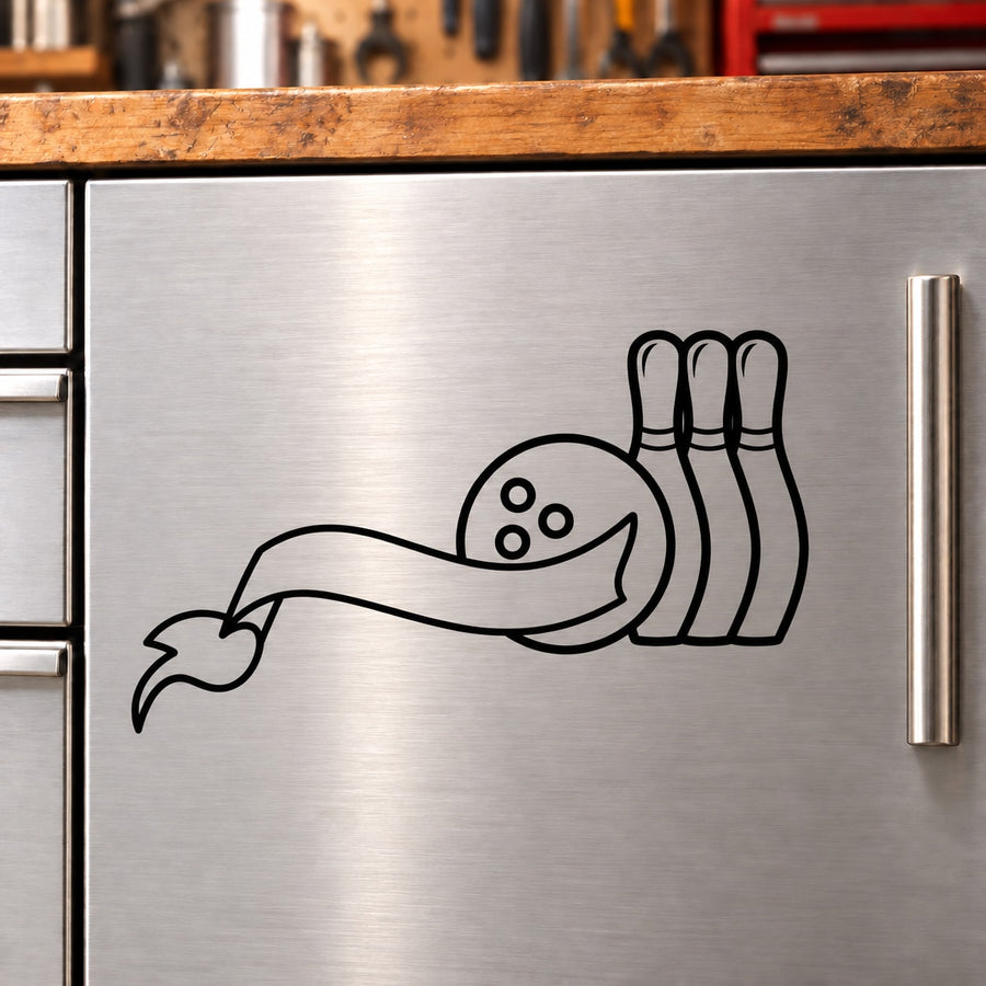 Bowling pin and ball decal with three upright pins and a bowling ball in line art