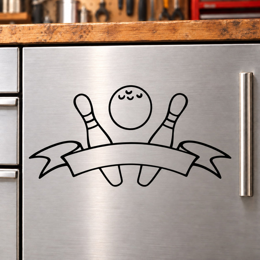 Bowling ball and two pin symmetrical ribbon decal, black outline on smooth surface