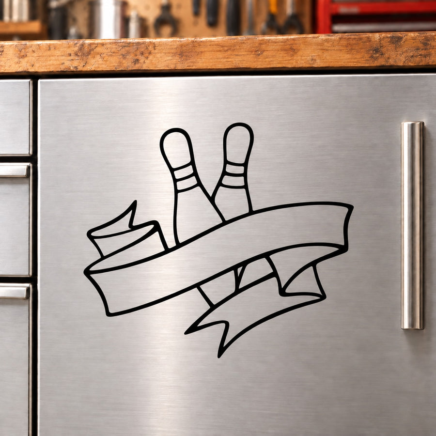 Bowling pin and ribbon decal in black outline on a silver surface