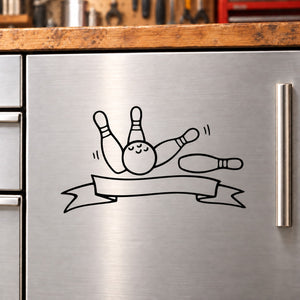 Bowling pin and ball ribbon decal with sketch-style graphic