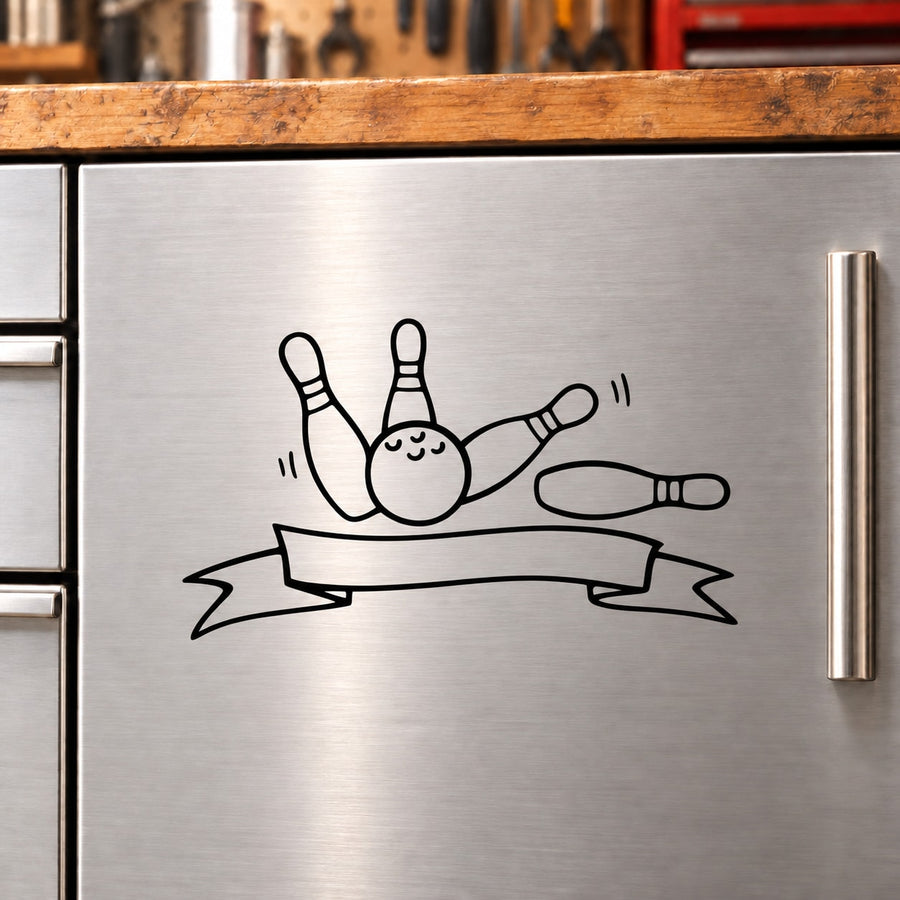 Bowling pin and ball ribbon decal with sketch-style graphic