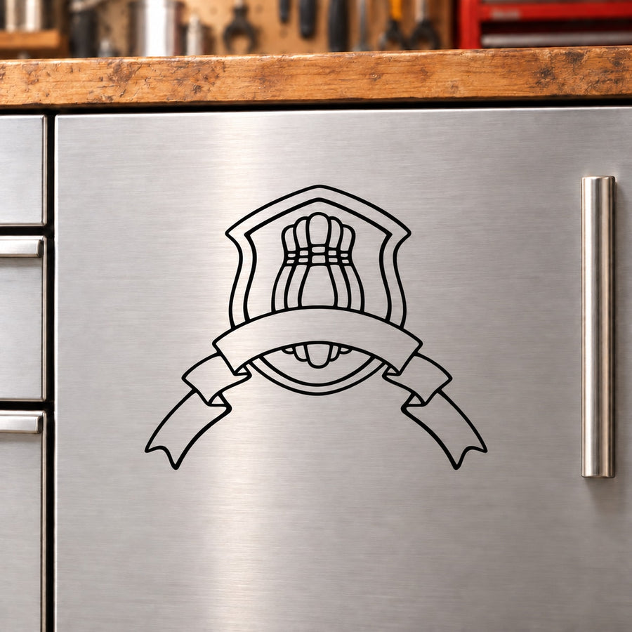 Bowling ribbon crest symmetrical decal with outlined helmet and eye icon