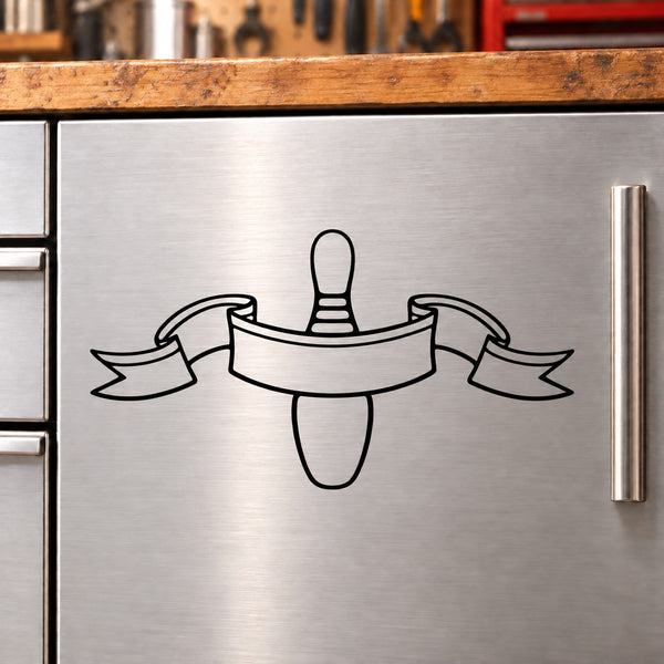 Single bowling pin ribbon decal with black outline on silver surface