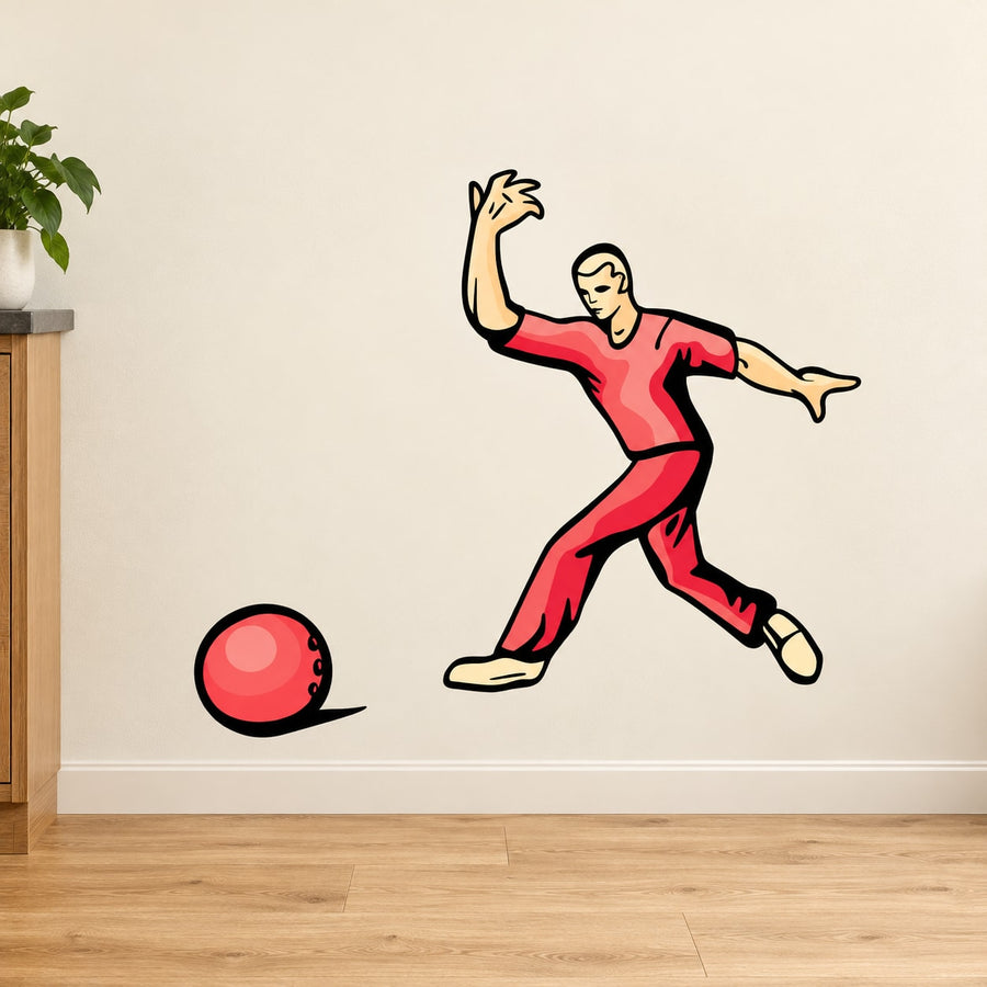 Cartoon bowling man decal throwing ball, red tracksuit, with pink bowling ball