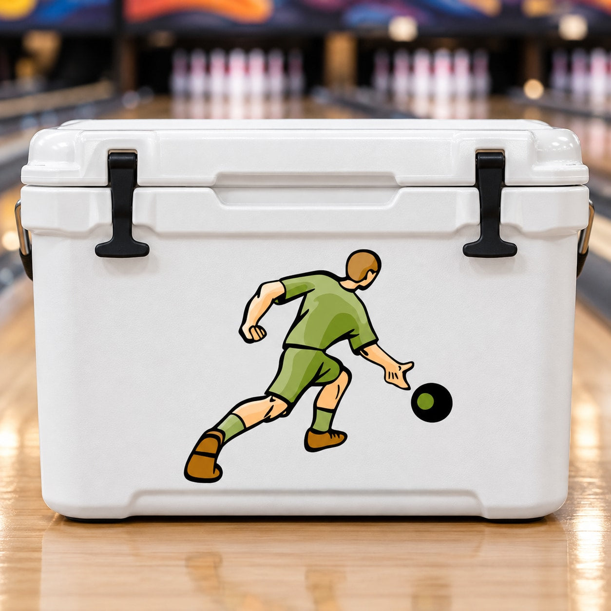 White cooler with bowling player throw decal and black ball graphics