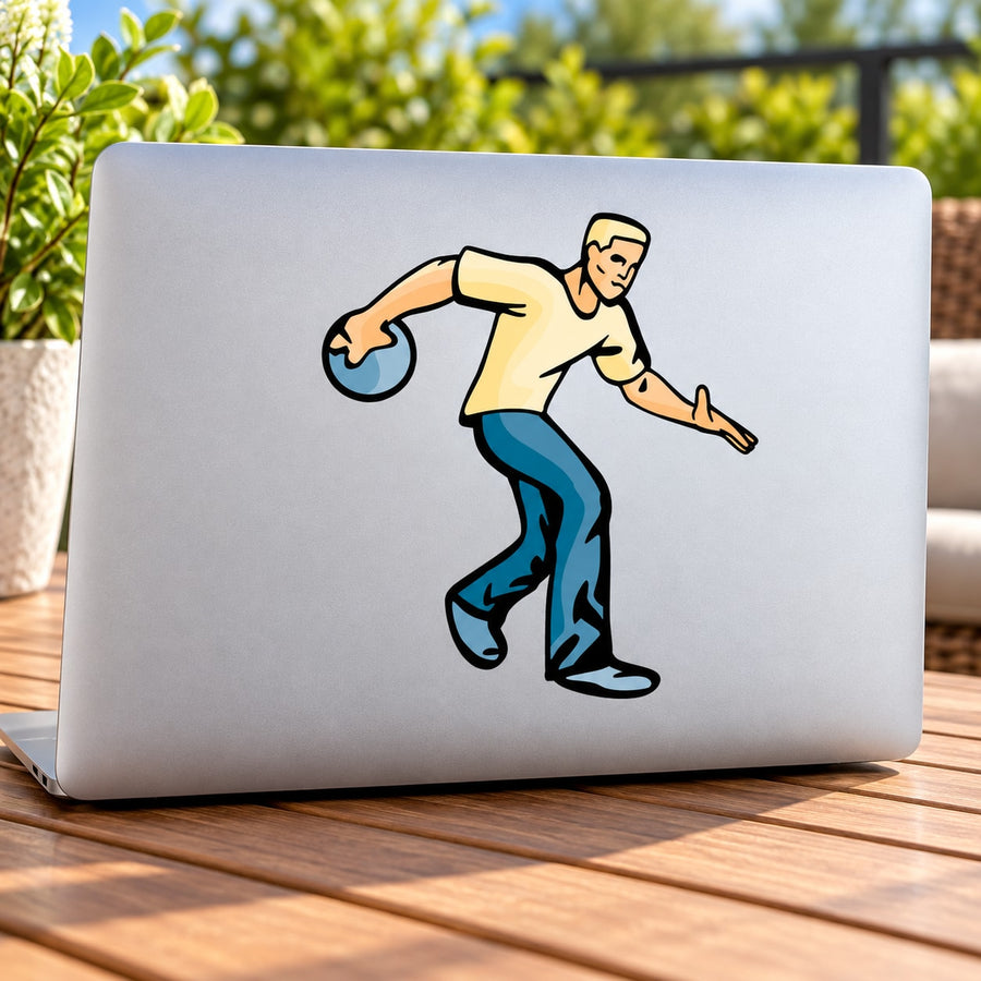 Bowling pose sticker with cartoon man sliding, arms extended on light surface