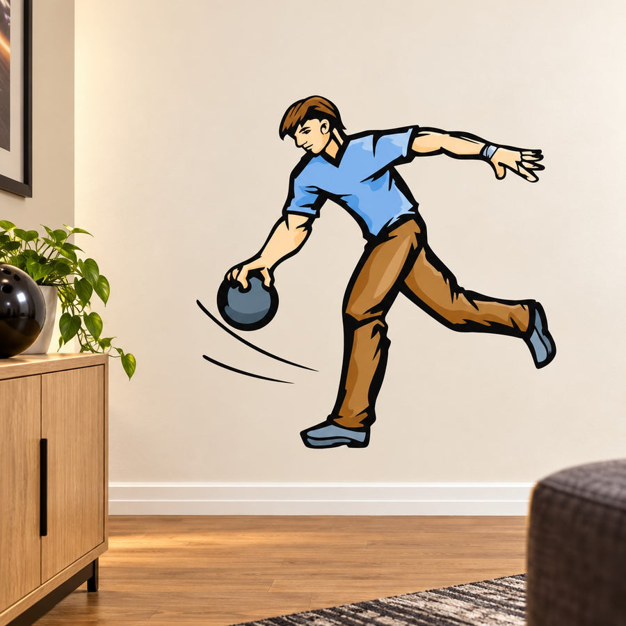 Bowling ball pose sticker of a cartoon player with blue shirt and gray shoes