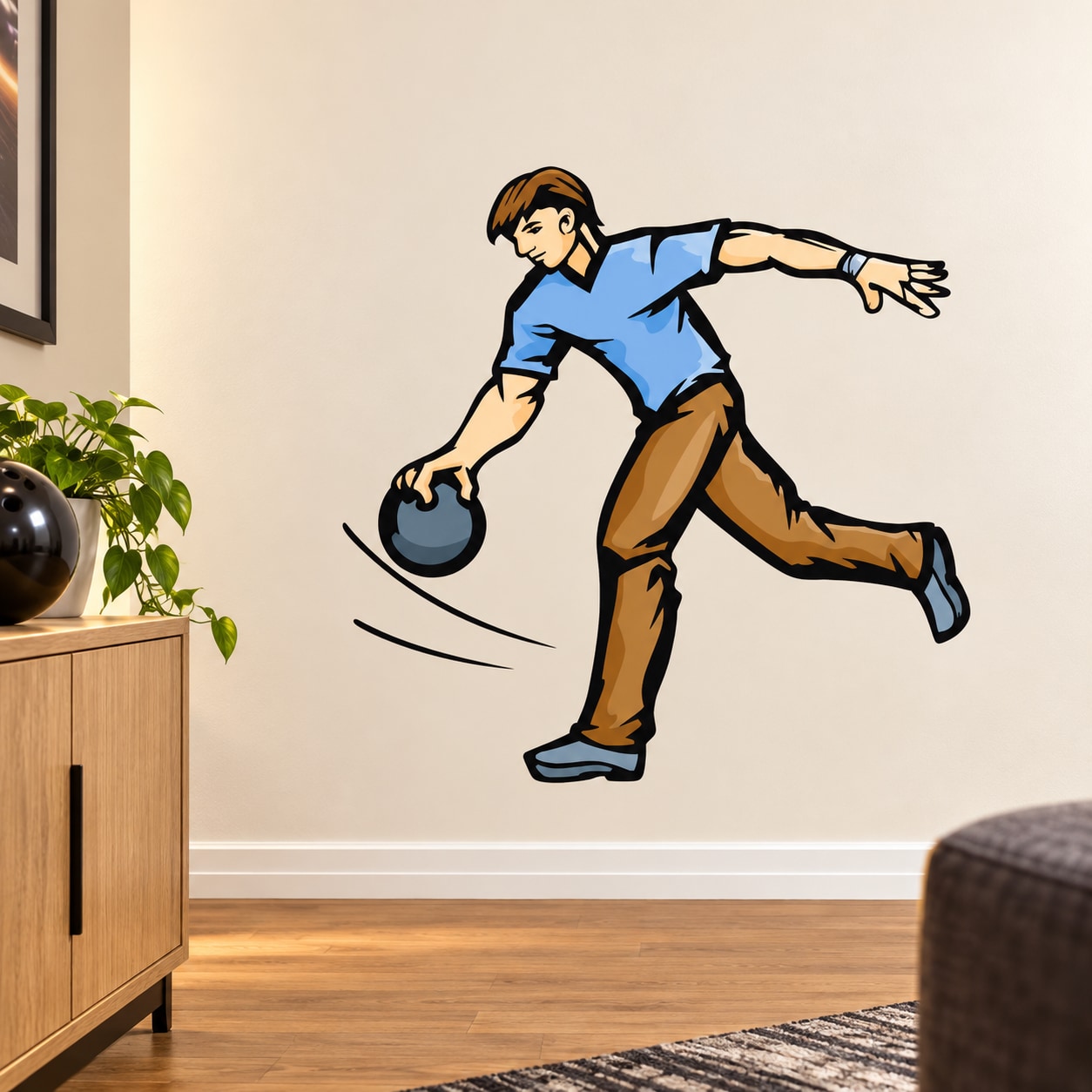 Bowling ball pose sticker of a cartoon player with blue shirt and gray shoes