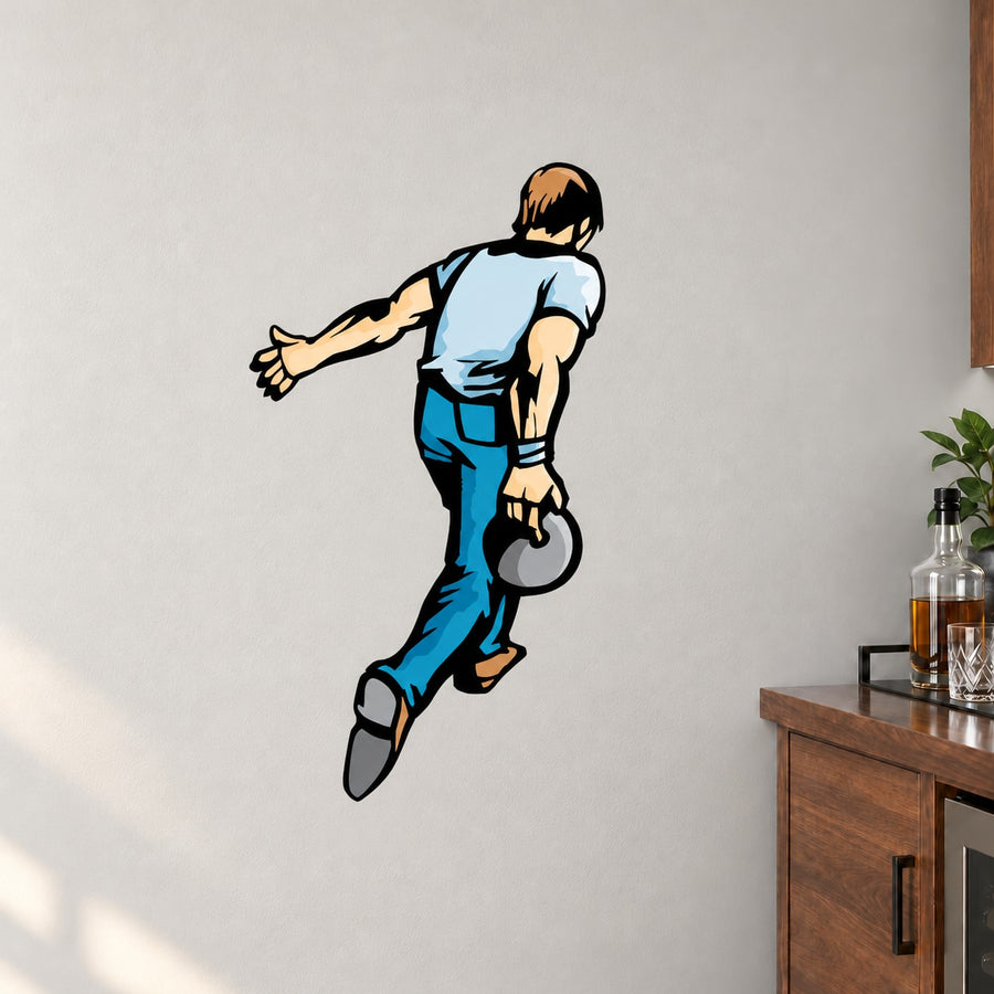 Bowling ball release sticker with cartoon bowler holding a gray ball in motion