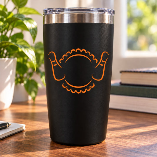 Black tumbler with orange ribbon bowling pins decal and curved emblem