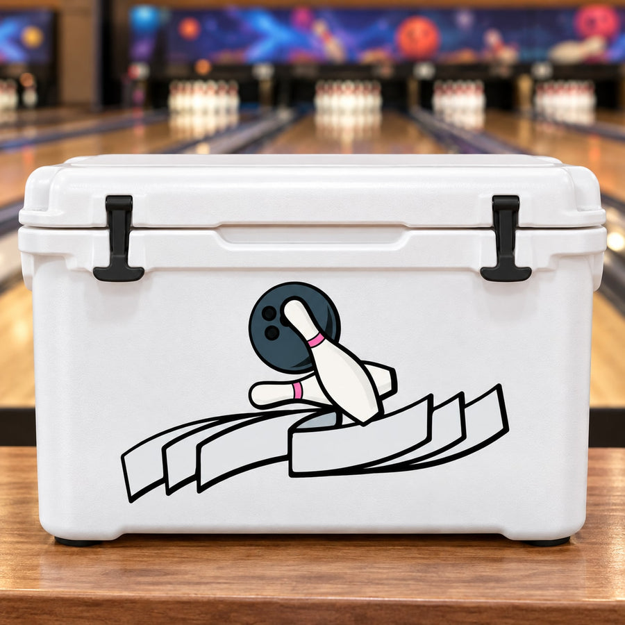 Bowling pin and ball ribbon decal on white cooler