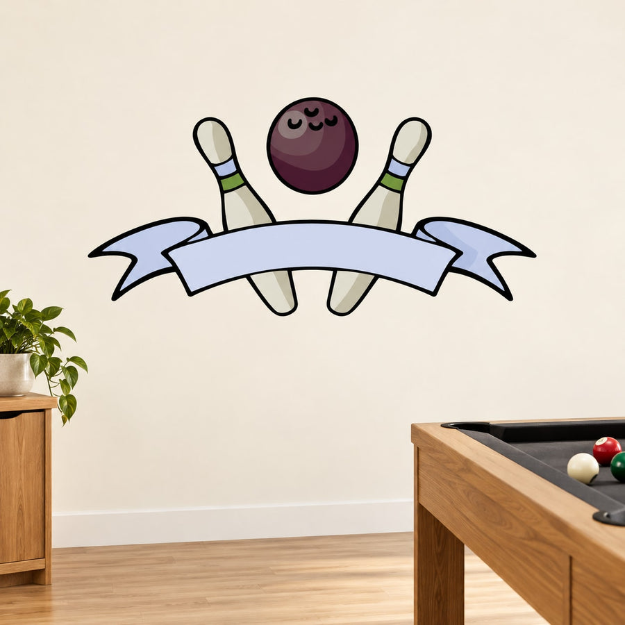 Symmetrical bowling ball and pin ribbon sticker, purple ball, white pins