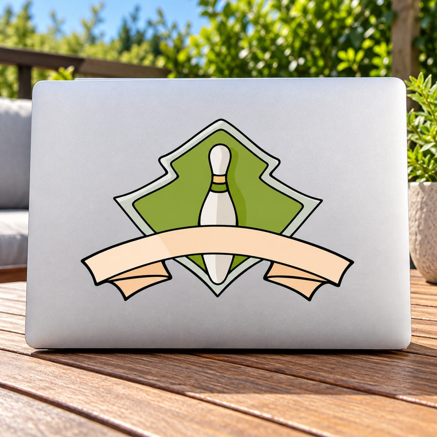 Bowling pin crest color sticker with green pin icon and tan ribbon banner