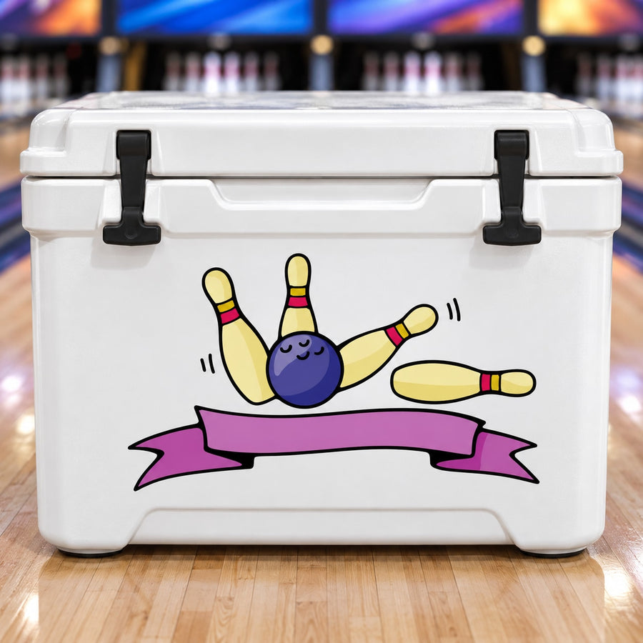 White cooler with purple bowling ribbon decal featuring a purple ball and bowling pins