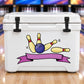 White cooler with purple bowling ribbon decal featuring a purple ball and bowling pins