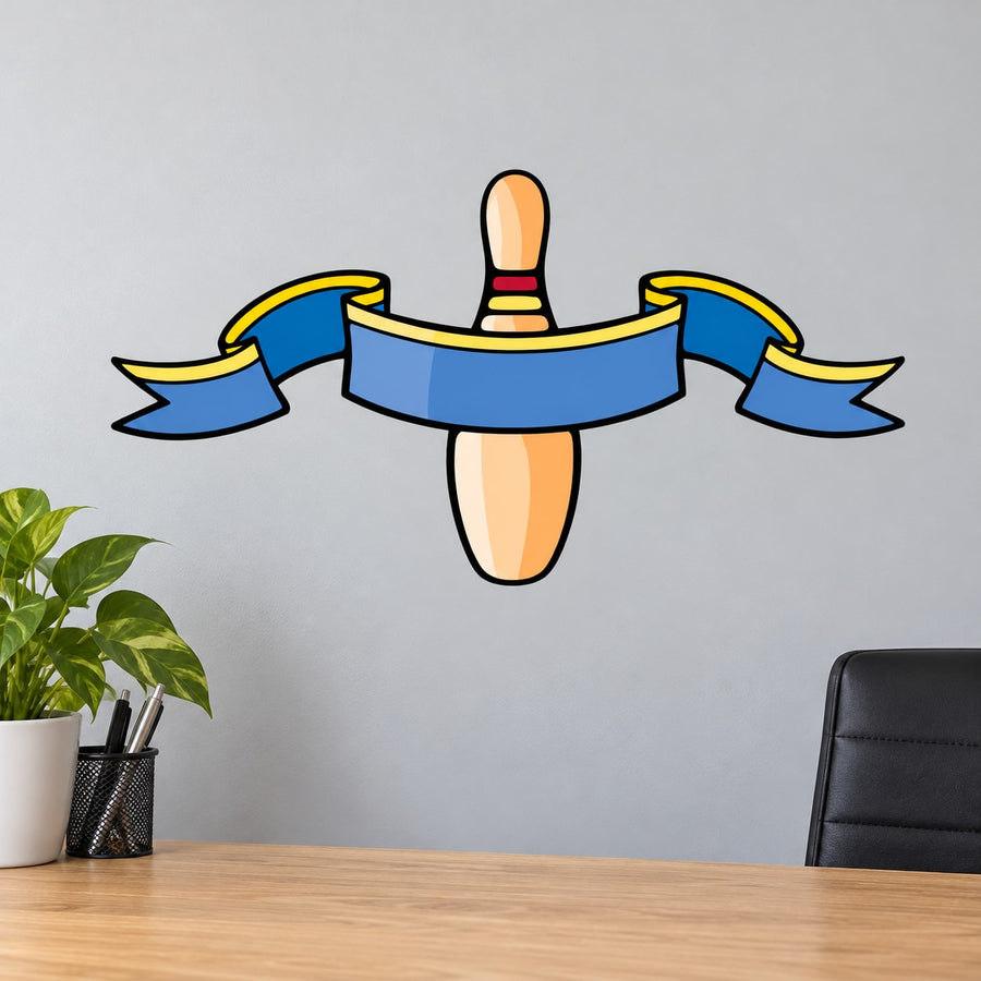 Cartoon bowling pin ribbon sticker with blue banner and yellow accents