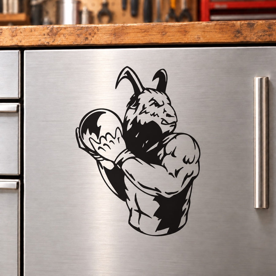 Goat bowling player decal, black goat figure holding a bowling ball