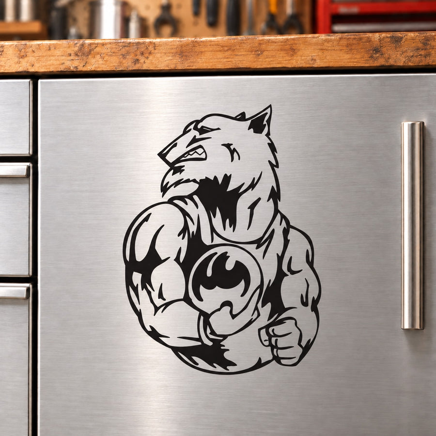 Wolf wearing bowler hat decal, black graphic on light surface