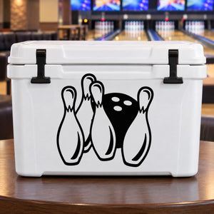 Bowling pins decal with three black pin figures on a white cooler