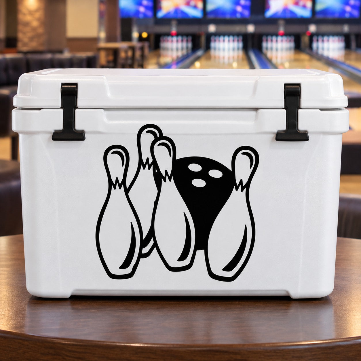 Bowling pins decal with three black pin figures on a white cooler
