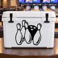 Bowling pins decal with three black pin figures on a white cooler