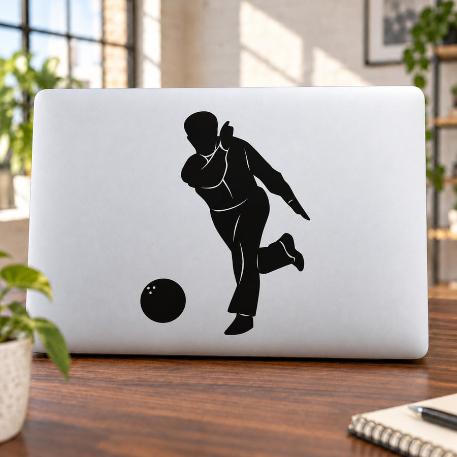 Bowling player throwing ball decal with black silhouette and bowling ball graphic