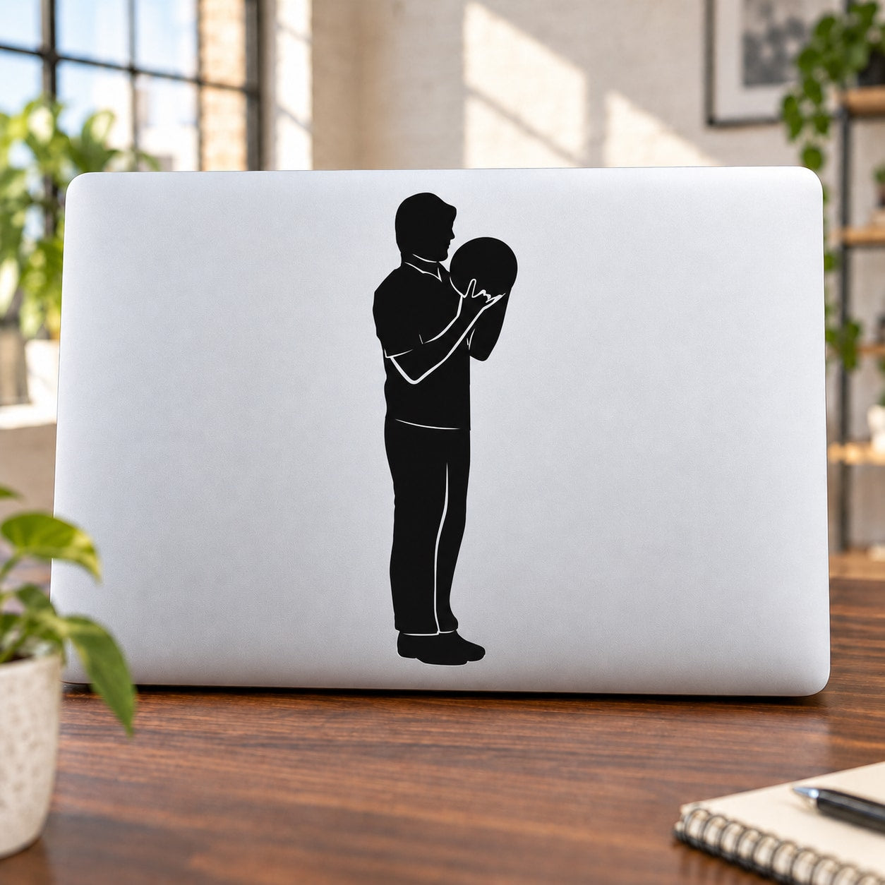 Bowling player wall decal with black silhouette standing and holding ball