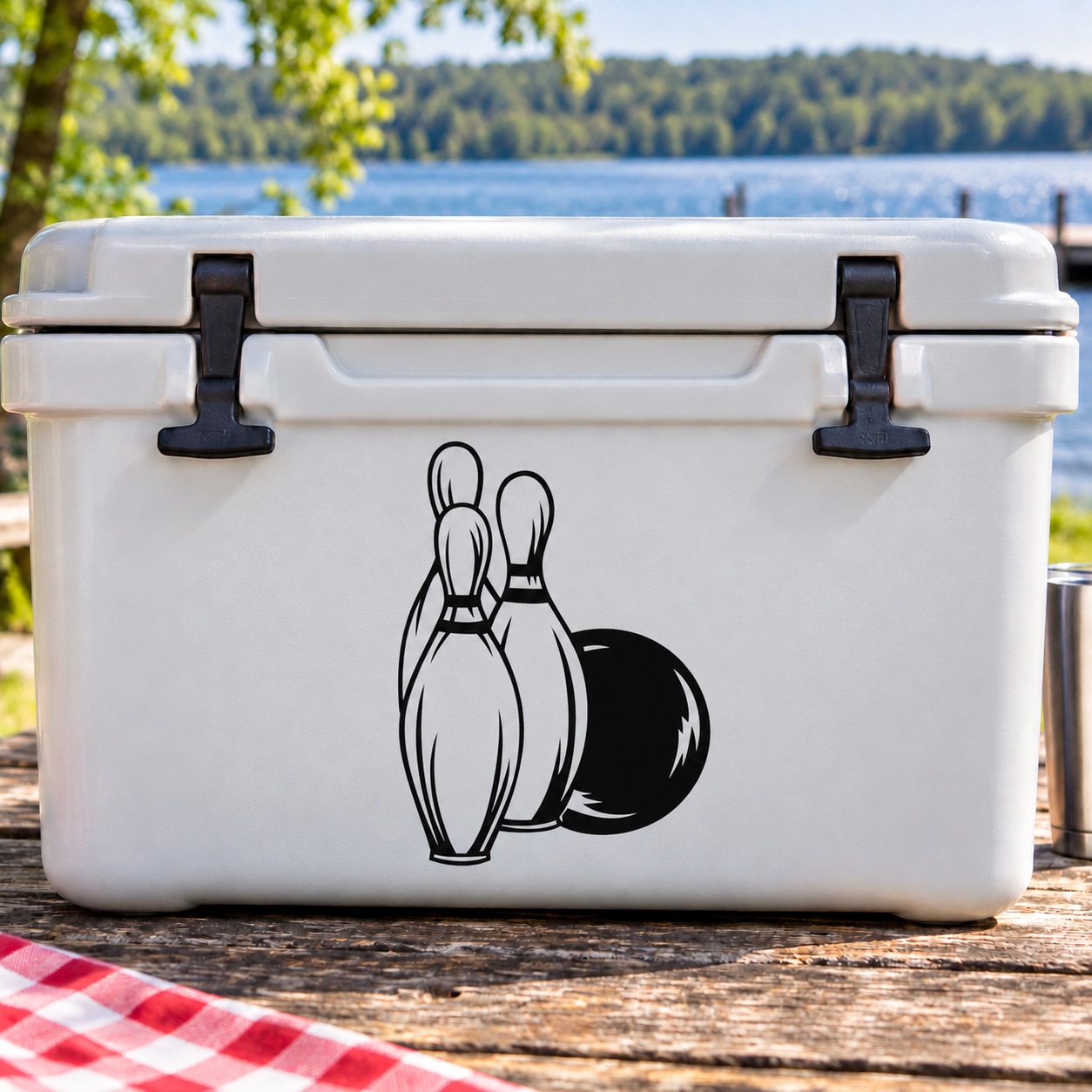 Bowling ball and three pins decal sticker, black line art on white