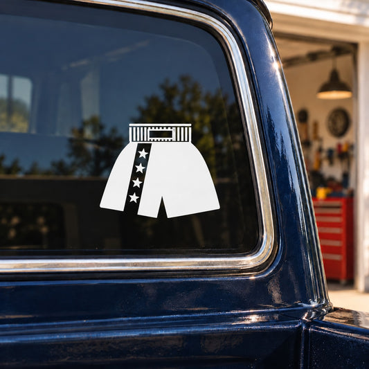 White boxing shorts vinyl decal with star print and striped waistband