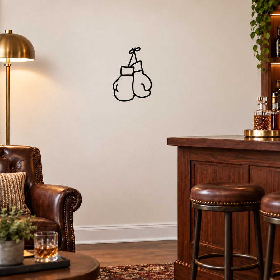 Boxing gloves wall decal showing hanging glove pair line art