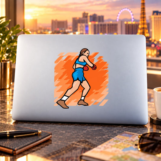 Die-cut vinyl sticker of a female boxer in blue outfit with orange burst behind