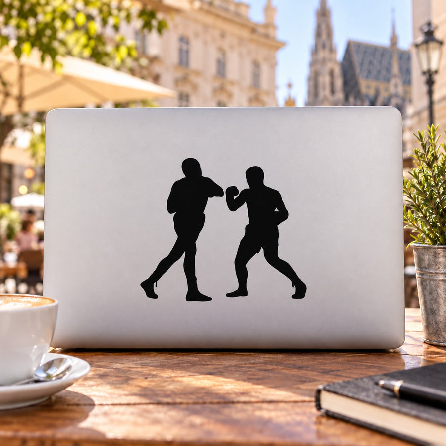 Boxing wall decal with two black boxer silhouettes on a white rectangle