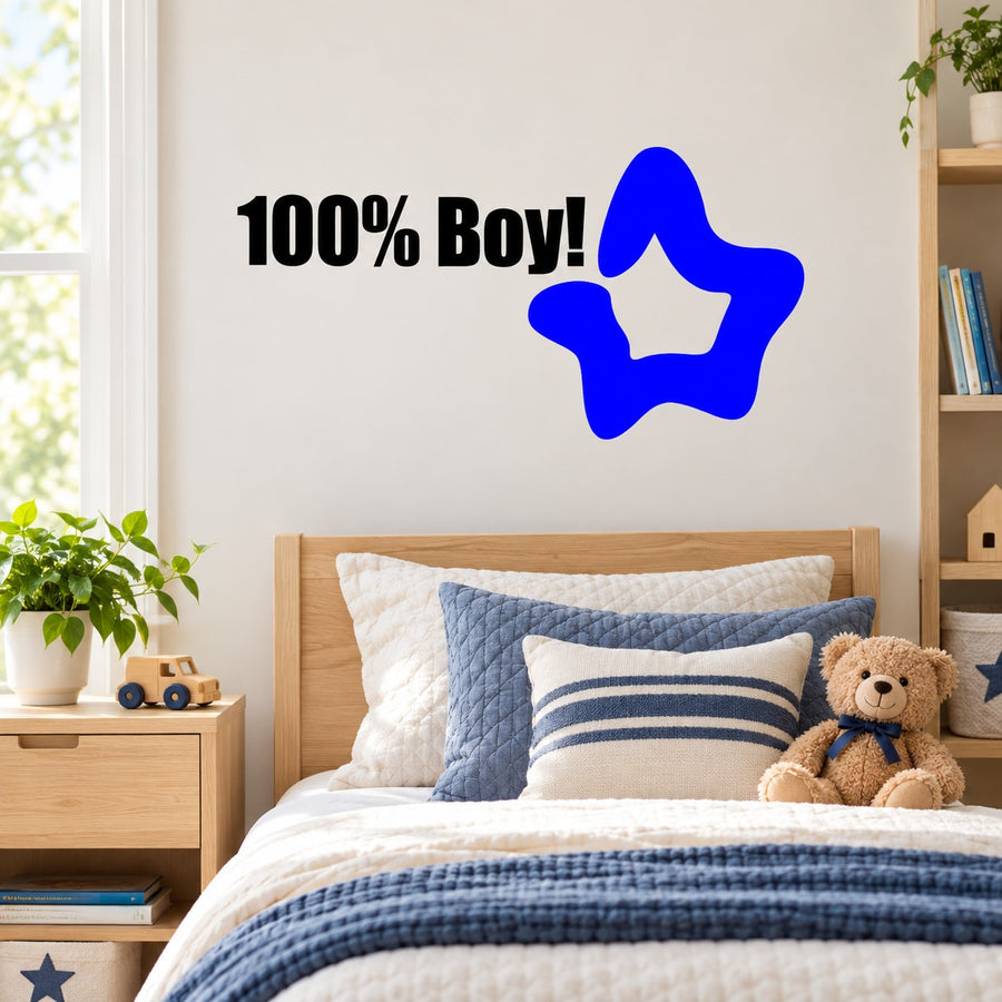 Blue star wall decal with bold '100% Boy!' text