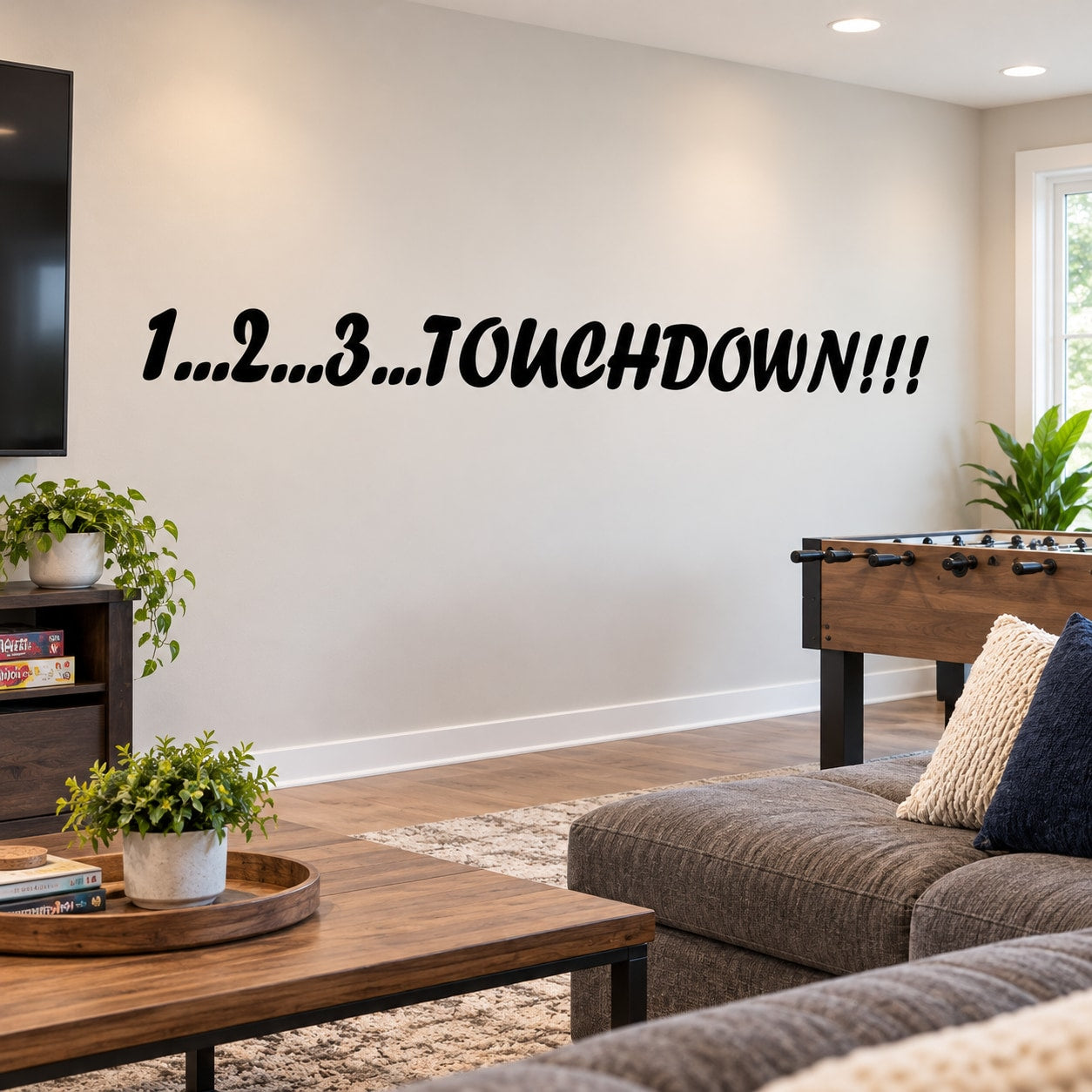 Touchdown football wall decal with bold script text: “1…2…3…TOUCHDOWN!!!!”