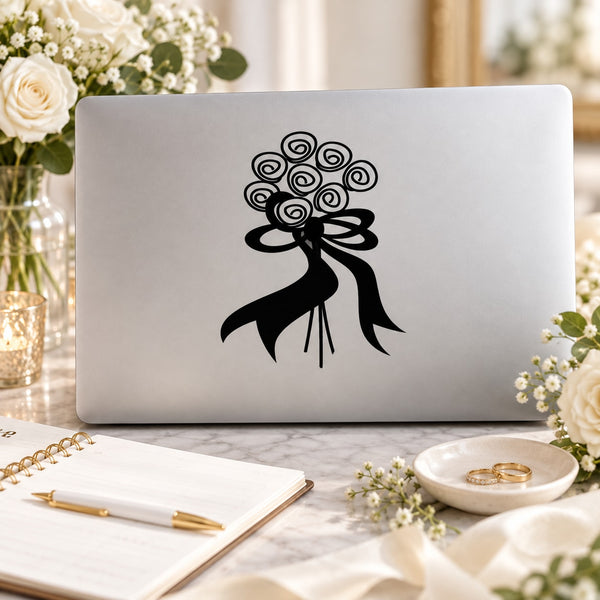 Fancy Bouquet Flowers Ribbons Celebrations Decal — illustrative vinyl decal application mockup. Surrounding objects are not included.