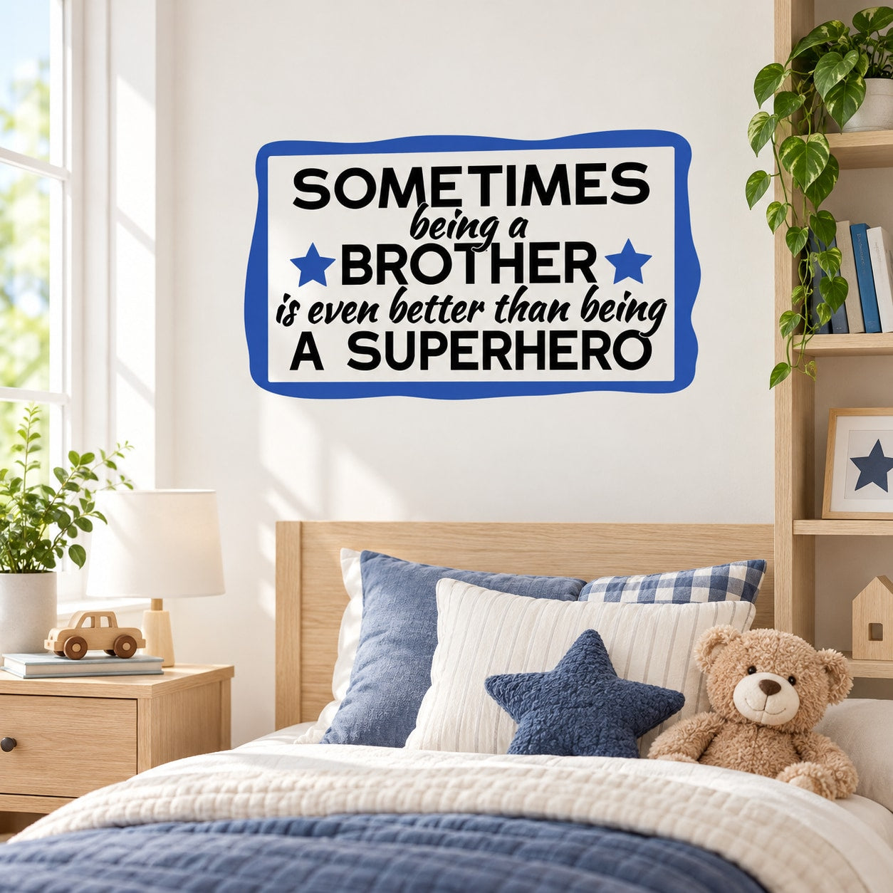 Superhero brother wall decal with blue badge and quote about being a superhero