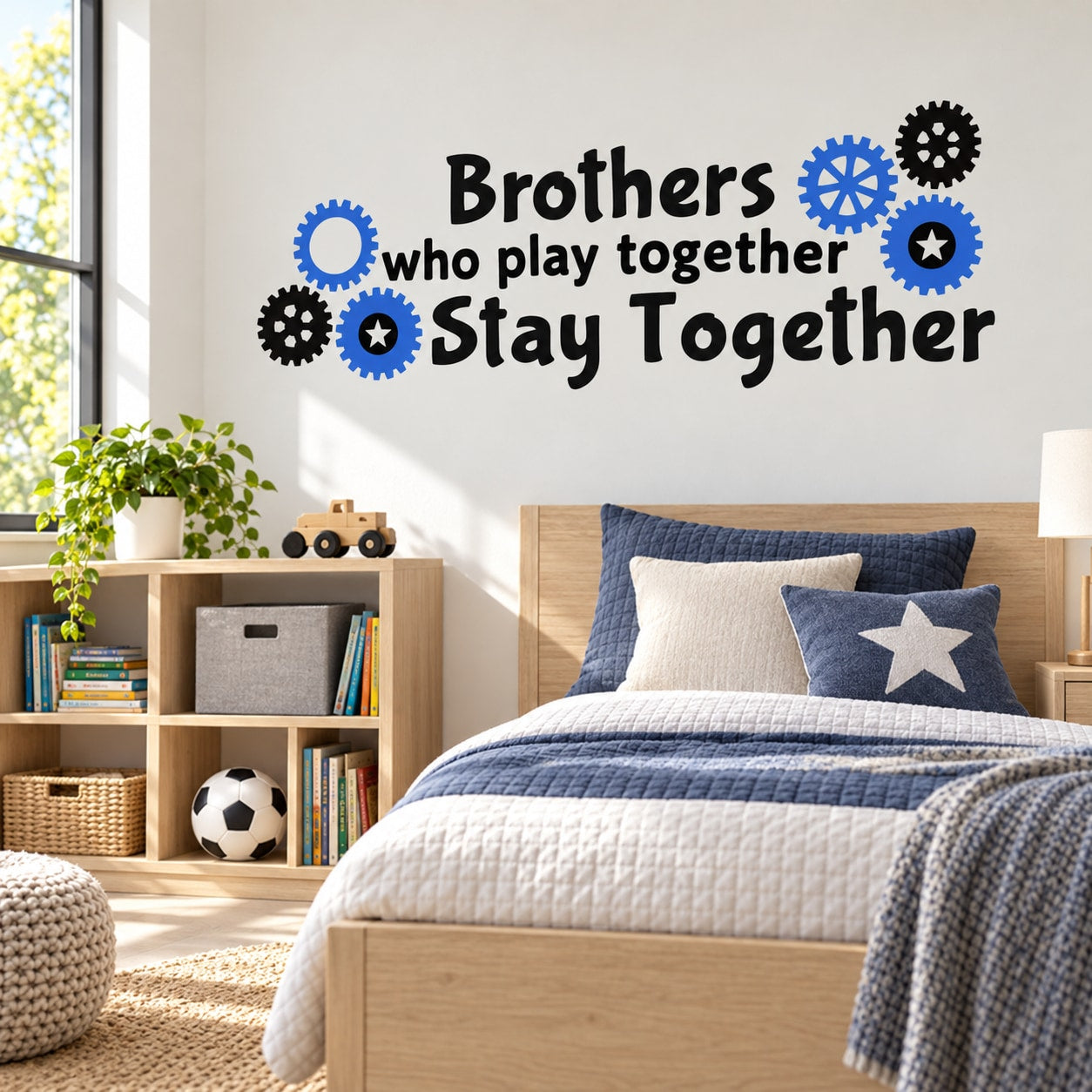 Brothers who play together wall decal with gear icons, printed and die-cut lettering