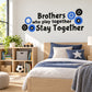 Brothers who play together wall decal with gear icons, printed and die-cut lettering