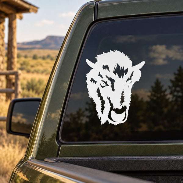 Bison head decal sticker in white, bold outline on car window glass