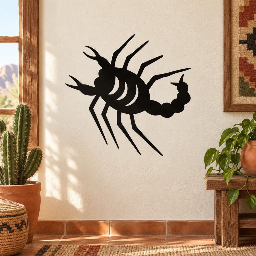 Black scorpion crawling wall decal, bold silhouette with detailed legs and tail
