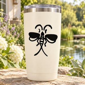 White tumbler with black bow-like split-tail decal