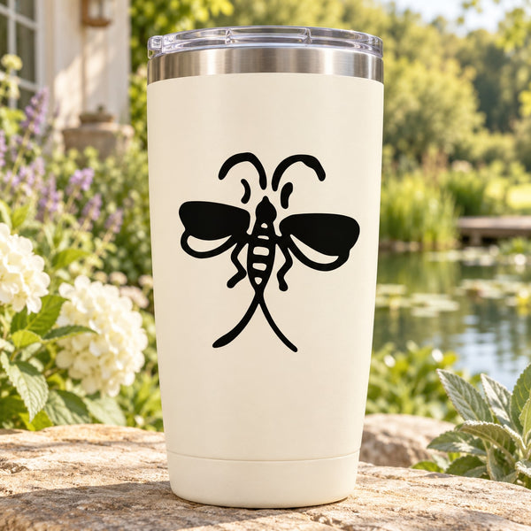 White tumbler with black bow-like split-tail decal