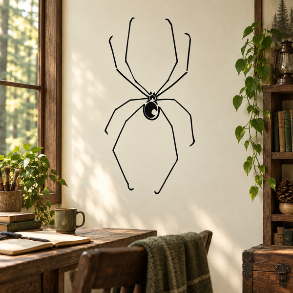 Spider spread wall decal with thin black legs and rounded body outline