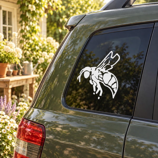 Wasp decal sticker on car rear window, white outline graphic